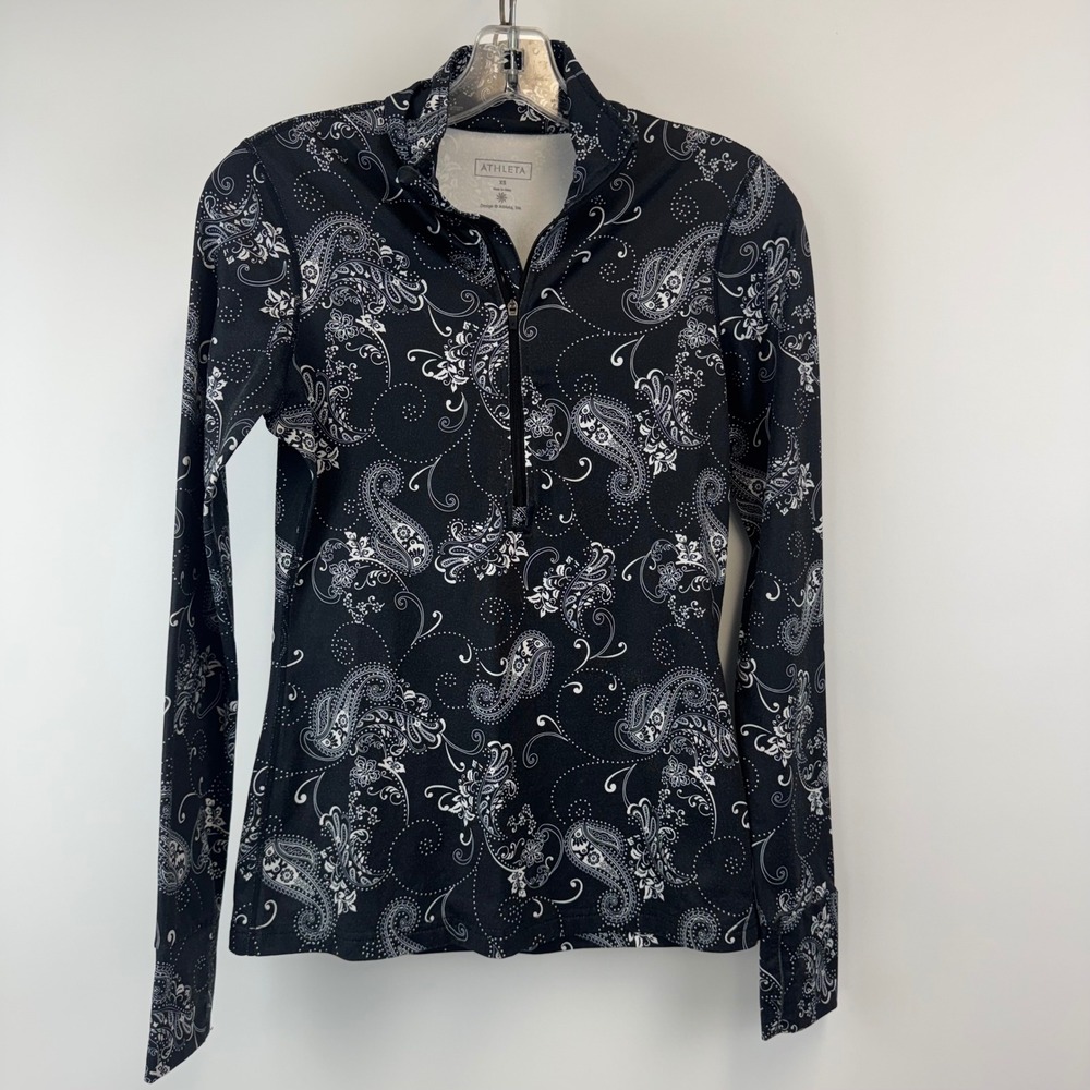 Athleta Top Women's XS Black Paisley Quarter Zip Athletic Pullover